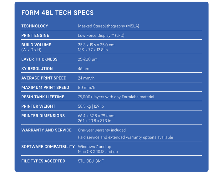 3D printer speicification, FORM 4BL